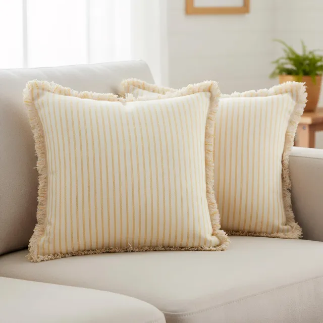 Unyqoos Set van 2 vierkante boho gestreepte kussenhoezen voor stijlvolle woondecoratie geel