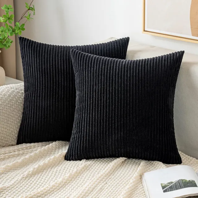 Ibenzoa Zachte Ribfluwelen Sierkussenslopen voor Bank en Stoel - 40 x 40 cm - Zwart - Set van 2