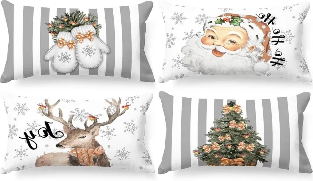 Cosensi Witte en grijze vintage kerst kussenslopen 30x50 set van 4 met decoratieve retro kerstman kussenhoezen voor thuis, slaapkamer en kerstdecoratie op de bank. Any