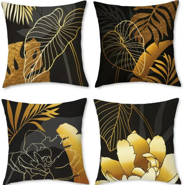 Unyqoos Set van 4 decoratieve linnen kussenslopen met goudkleurig bloemenpatroon