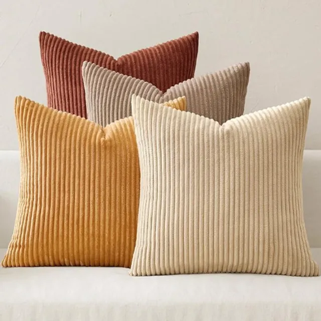 SNQ Sierkussen – 4 Stuks – Sierkussenhoezen – 45x45 cm – Corduroy – Modern Dubbelzijdig Ontwerp – Romig karamelkleurig kleurenschema – Voor Boho en Farmhouse Herfstdecoratie