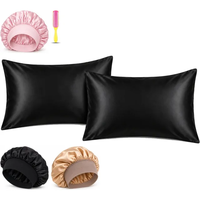 Professor Q Haar- en Slaapset - 2 Kussenslopen Zwart 60 x 70 cm - Bonnet Roze - Bonnet Zwart - Bonnet Goud - Fusion Pink Borstel Kussenslopen zwart | Bonnets roze + zwart + goud | Borstel Fusion Pink