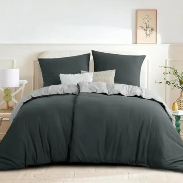 Nazik Living Beddengoed 135x200 4-delig Antraciet Grijs - Omkeerbaar dekbedovertrek met ritssluiting, Oeko-TEX microvezel, zacht en kreukvrij