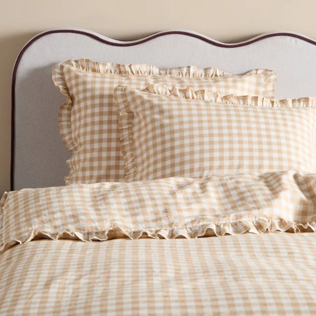 NOUS Living katoenen geruite ruffle 2-persoons dekbedovertrek 200x220 cm - beige