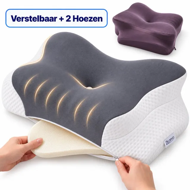 Zelrivo Verso Vlinderkussen - Ergonomisch Hoofdkussen - Verstelbaar 4 Hoogtes Neksteun voor Nekklachten - 2 Hoezen - Voor Zijslaper Rugslaper Buikslaper - Traagschuim Memory Foam - Orthopedisch - Slaapkussen - Anti Snurk - 62x37cm grijs, wit