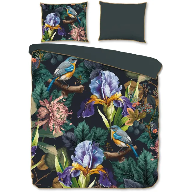 Descanso Dekbedovertrek "bloemen en vogels" - Antraciet - (200x200/220 cm) - Katoen Satijn Anthracite