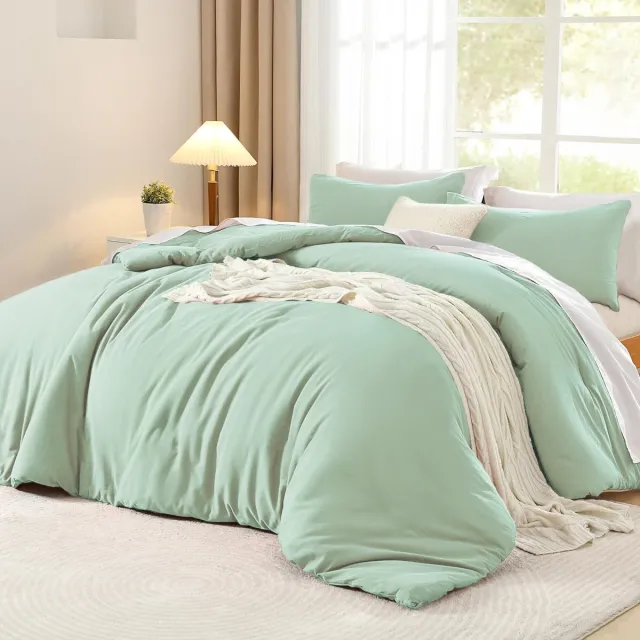 Ibenzoa Katoenen beddengoedset met luxe uitstraling en natuurlijk kreukelpatroon , 4-delig groen
