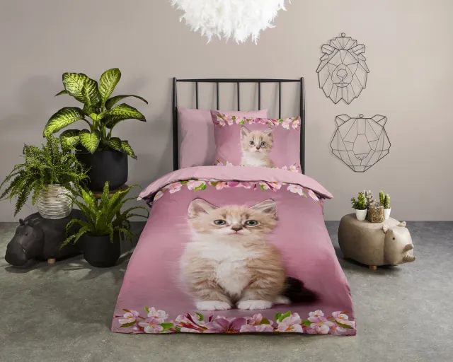 Good Morning dekbedovertrek kitten poes met bloemen - Roze - 100% Katoen renforce Pink