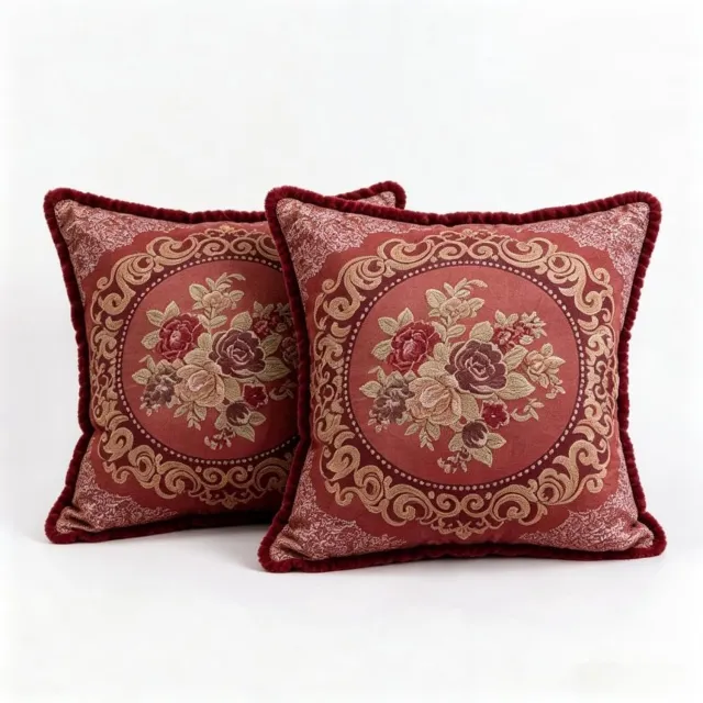 SNQ Kussensloop – Vintage Sierkussenhoezen – 2 Stuks – 48x48 cm – Jacquard Retro Geborduurd – Voor Bank en Woonkamer – Rood – Zonder Binnenkussen