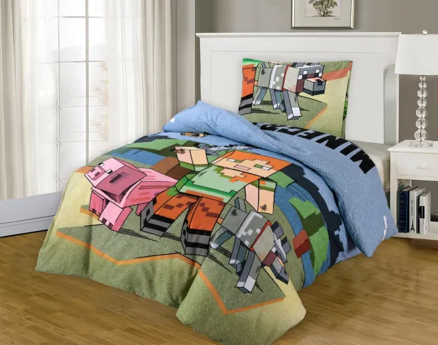BED GLOW & APPAREL Minecraft Beddengoedset | Dekbedovertrek 140x200 + Hoeslaken 90x200+25 + Kussensloop 60x70 | 100% Katoen | Minecraft Meerkleurig