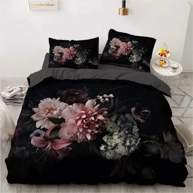 Ibenzoa Beddengoed Set met Vintage Bloemenpatroon voor - Microvezel Dekbedovertrek en Kussenslopen zwart