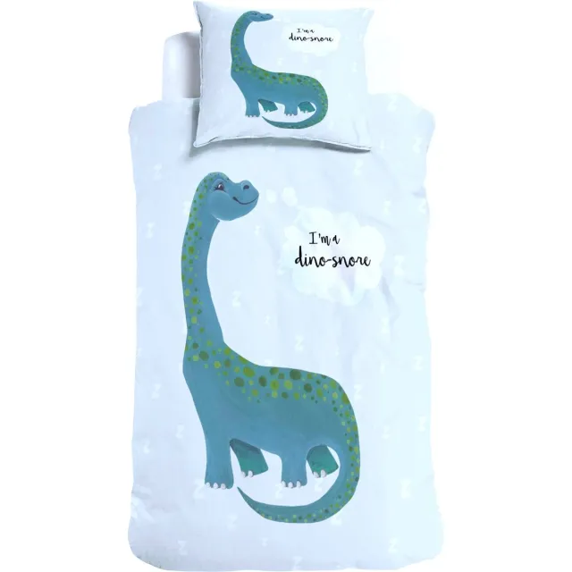 Sleeptime 1-persoons jongens dekbedovertrek (dekbed hoes) lichtblauw (groen - blauw pastel) met grappige dinosaurus (dino T-rex) en wolkje “I’m a dino-sore” KATOEN eenpersoons 140 x 220 cm (stoer beddengoed kinderkamer)