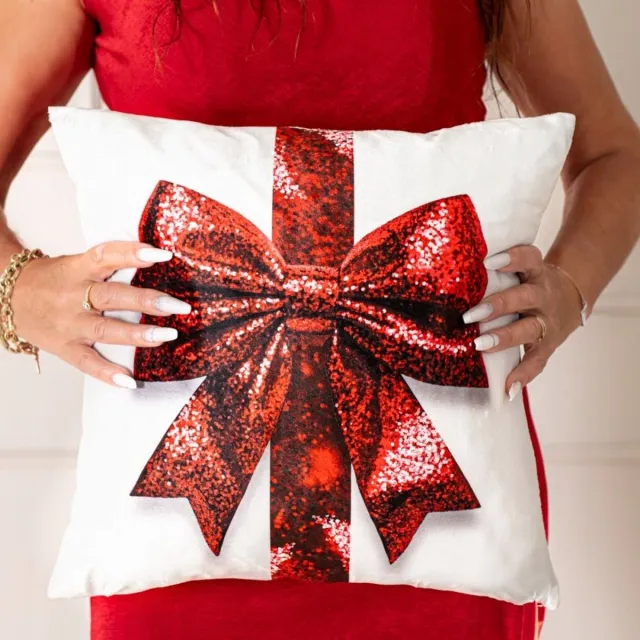 Markizeta Kerst Kussenhoes 40x40cm - Rode Glitter Strik - Zacht Velours Rood