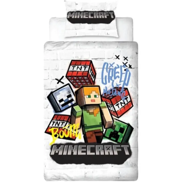 Minecraft Eenpersoons Dubbelzijdig Dekbedovertrek - 140 x 200 - Met kussenhoes - Katoen en Polyester - Videogame Merchandise Minecraft