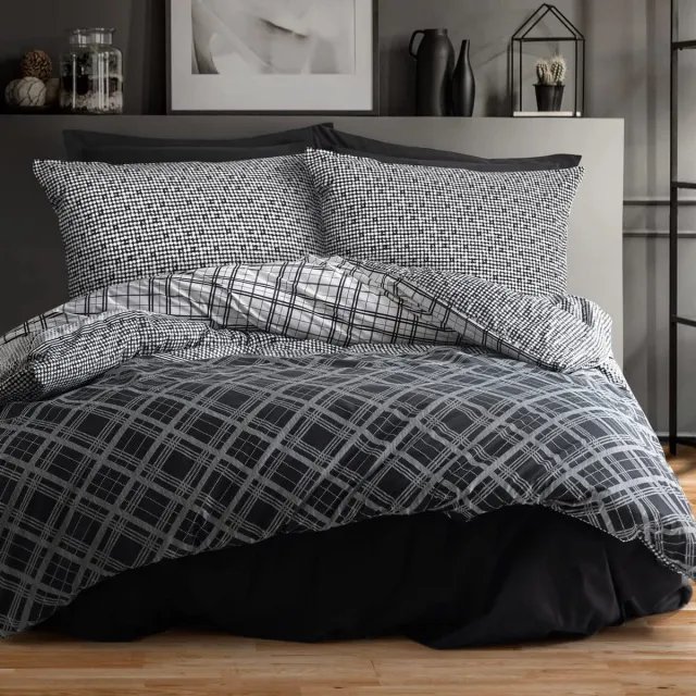 RECA HOME Beddengoed van 100% katoen Renforce, 1x dekbedovertrek 135 x 200 cm + 1x kussensloop x 80 x 80 cm, met ritssluiting, modern geruit patroon in grijs, zwart en wit
