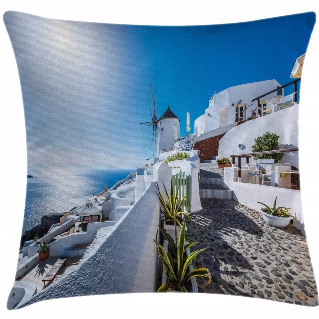 ABAKUHAUS Oia-Dorf Santorini Kussenhoes – Dubbelzijdig bedrukt, Wasbaar Blauw