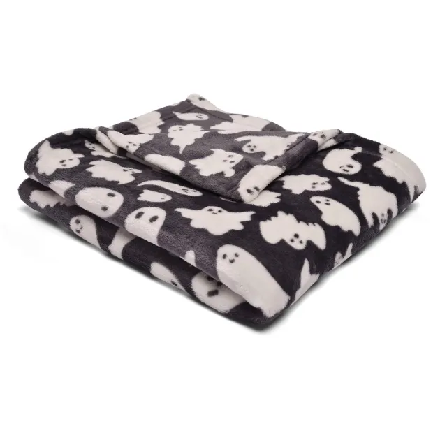 Ibenzoa Superzachte Halloween Fleece Deken van 120 x 150 cm met Griezelige Geesten voor Bank en Bed zwart-wit