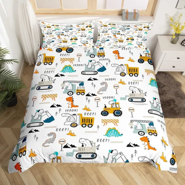 Famanu Dekbedovertrekset eenpersoons met trucks en dino's, 3D digitale print, geel, beddengoed set voor kinderen, jongens en meisjes, ideaal voor de slaapkamer