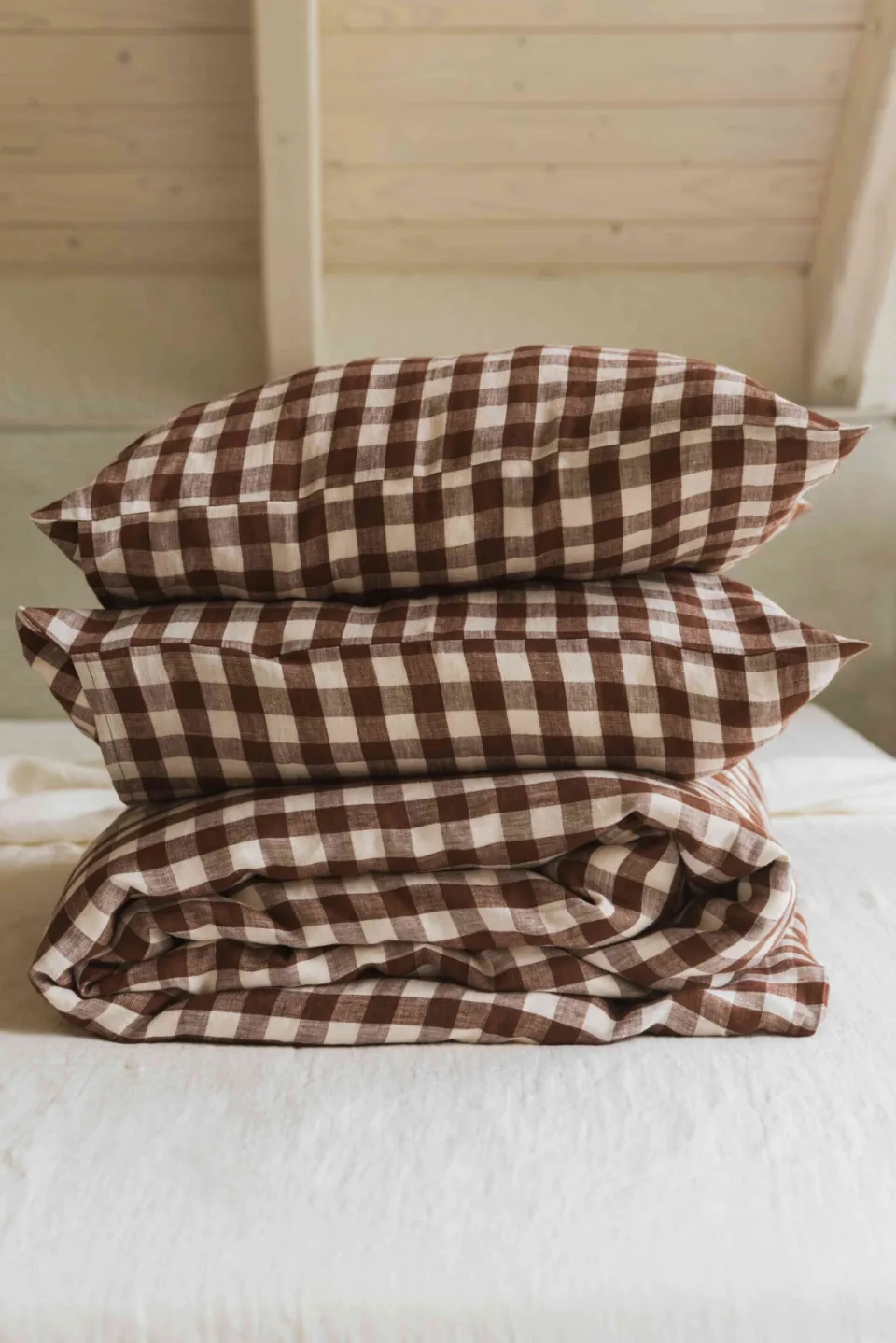 AmourLinen unisex vegan Beddengoedset Mocha Gingham Bruin