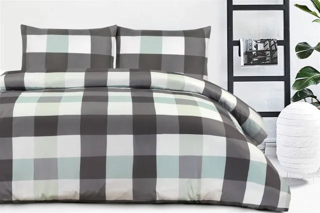 Padiro dekbedovertrek 200 x 200 cm - extra groot XL - Katoensatijn - Antraciet / Mint - Vichy-ruitpatroon - Met 2 kussenslopen 50 x 75 cm - 3-delig voor 2 personen