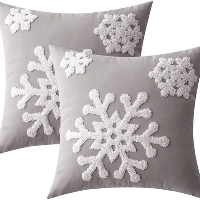 Flintry 2 stuks zachte vierkante kerstsneeuwvlok decoratieve borduursels, decoratieve kussenhoezen, 45x45 cm, bankkussenhoezen, decoratieve kussenhoezen, feestelijke kussenslopen, buitenkussen voor boerderijbank, kantoor, bed, auto, kerstdecoratie grijs