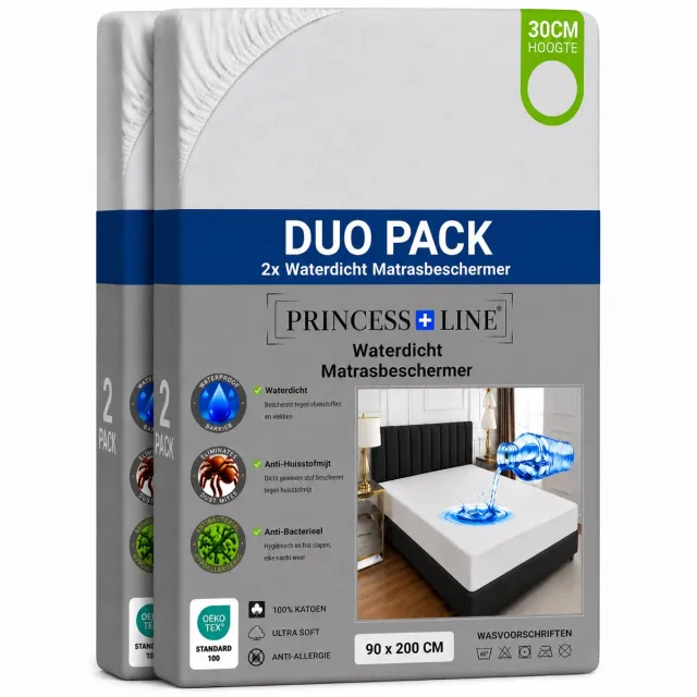 Princess Line Waterdichte Molton Badstof - Matrasbeschermer 90x200 cm - 1-Persoons - Set van 2 - Wit