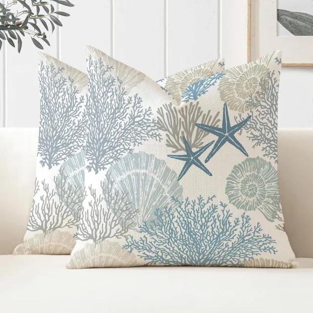 Famanu Set van 2 waterdichte kussenhoezen, 45 x 45 cm, met oceaan thema, perfect voor buitengebruik Blauw