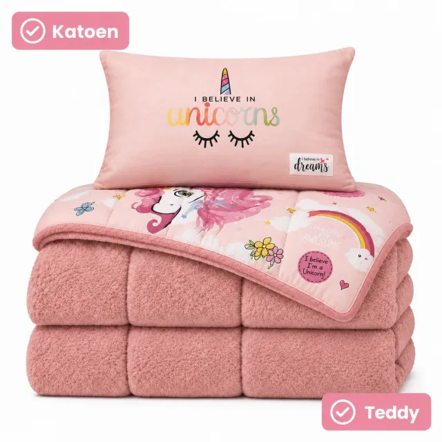 decoware Kinderdekbed Zonder Overtrek Unicorn - Met Kussensloop - Ademend Katoen & Zacht Teddy - Hoesloos & Wasbaar - Pink Dreams - Roze