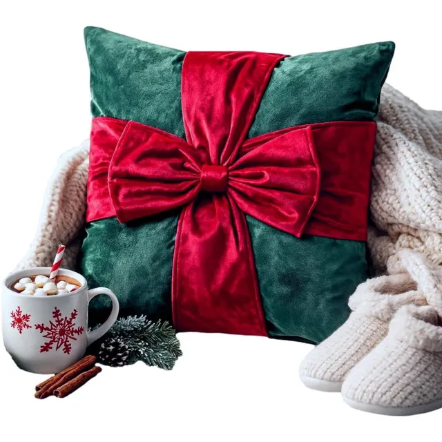 Spod Igły i Nitki Kerst Sierkussenhoes Rood Strik 45x45cm Zacht Velvet