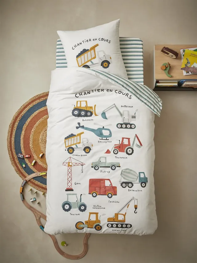 vertbaudet Set dekbedovertrek + kussensloop voor kinderen QUEL CHANTIER! Ecru / Meerkleurig