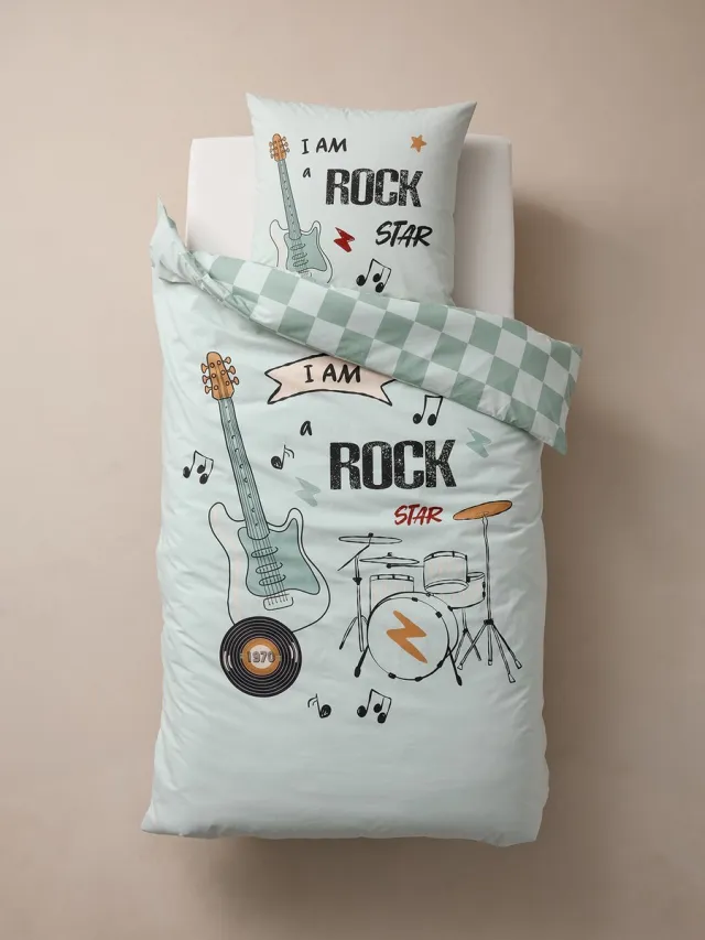 vertbaudet Bedset dekbedovertrek + kussensloop kind ROCK MUSIC Saliegroen