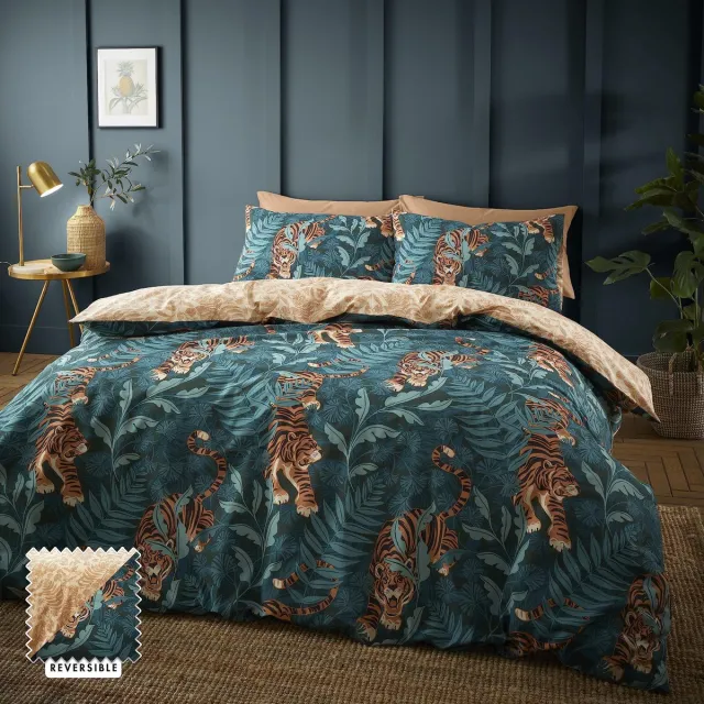 Ibenzoa Beddengoedset met Tropische Tijgerbladeren en Kussenhoezen voor een Dubbelbed, Groen blauw