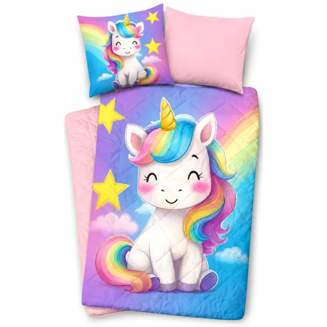 decoware Kinderdekbed Zonder Overtrek 140x200 cm – Regenboog Eenhoorn – Multi – Wasbaar Hoesloos Kinderdekbed - Met Kussensloop - All Year Winterdekbed & Zomerdekbed Roze