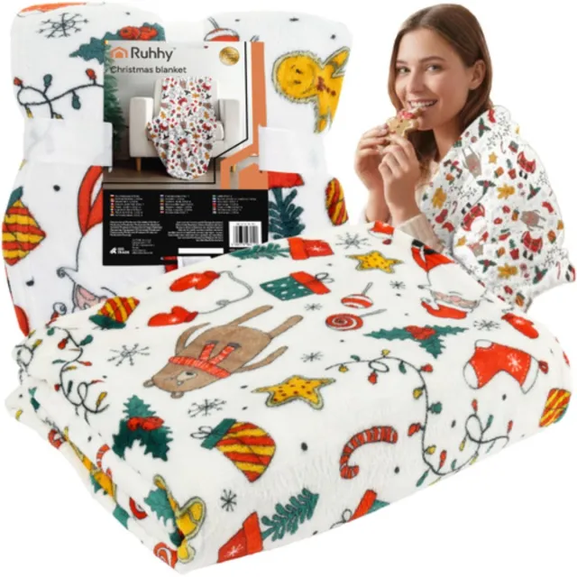 Ruhhy Witte kerstdeken 150x200 cm – zachte, lichte fleece plaid met feestelijk motief