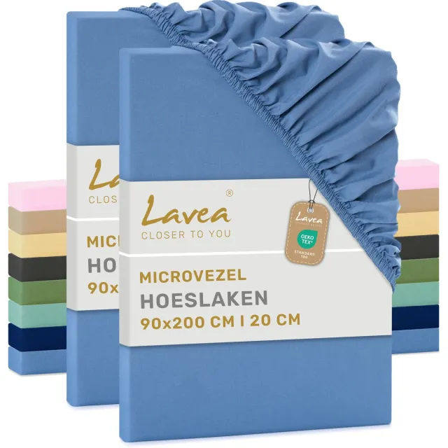 lavea Set van 2 Hoeslakens 90x200 cm – zachte en ademende microvezel – voor matrassen tot 20 cm – met elastiek rondom – oeko-tex gecertificeerd – Lichtblauw