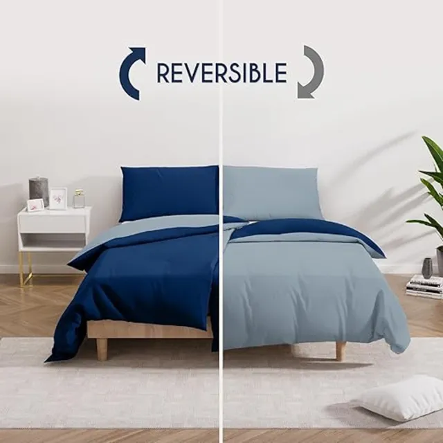 Karma 2 dekbedovertrekken 135x200 cm met 2 kussenslopen 80x80 cm - Donkerblauw/Blauwgrijs - 135x200 Bedset in 100% microvezel - 4 stuks Donkerblauw / Blauwgrijs