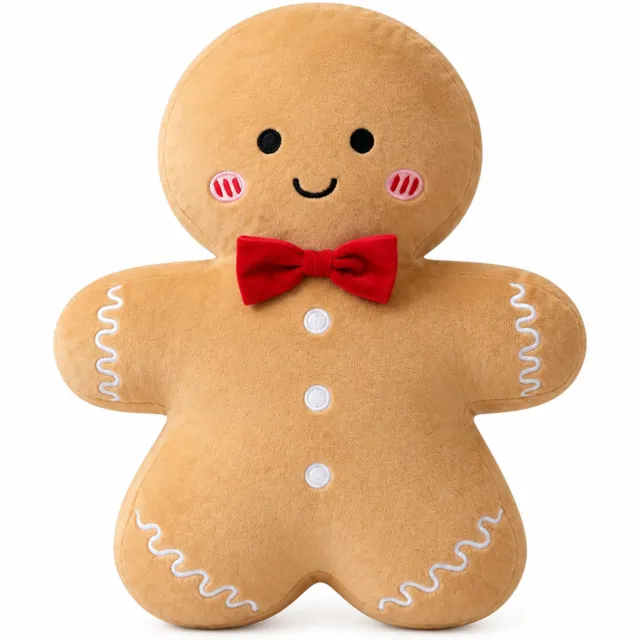 SWGOTA Peperkoekmannetje sierkussen 39 x 31 x 8 cm, 300 g - Superzachte buitenstof en rode strik - Kerstdecoratie voor bank en fauteuil bruin