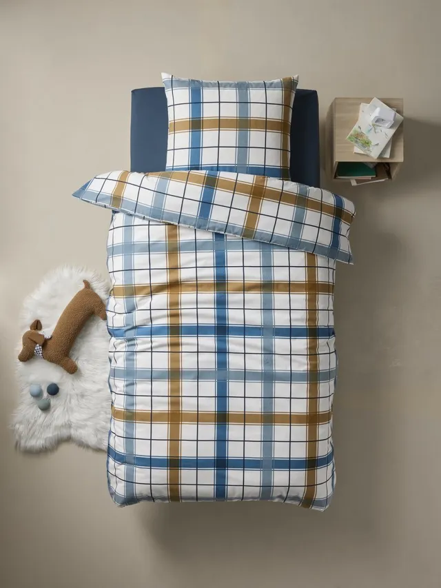 vertbaudet Kinderdekbedovertrek + kussensloop in RETRO WINTER flanel, met gerecycled katoen Blauwmarine Gestreept