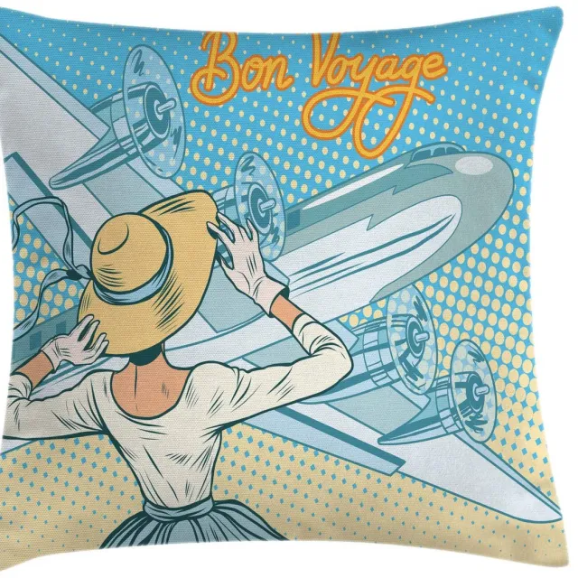 ABAKUHAUS Retro-kussenhoes – Vliegtuig Pop-Art – 50x50 cm – Omkeerbare druk Blassblauw