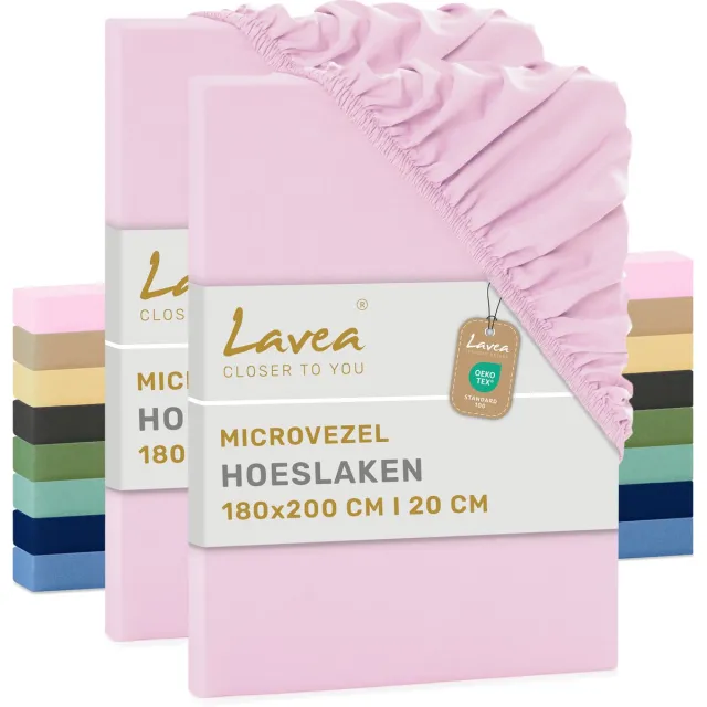lavea Set van 2 Hoeslakens 180x200 cm – zachte en ademende microvezel – voor matrassen tot 20 cm – met elastiek rondom – oeko-tex gecertificeerd – Roze