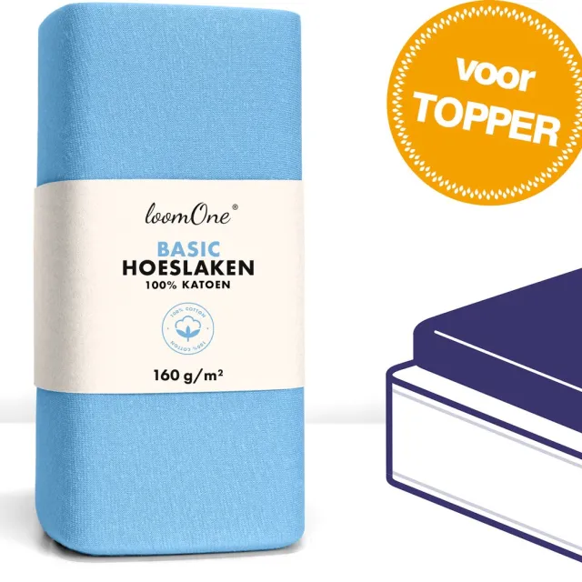 Loom One Hoeslaken Topper – 100% Jersey Katoen – 130x200 cm – tot 10cm matrasdikte– 160 g/m² – Lichtblauw