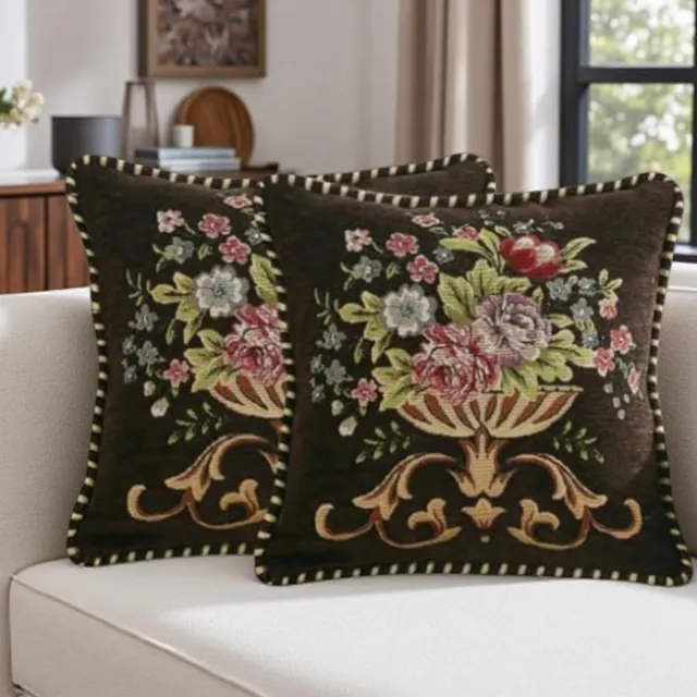 SNQ Set van 2 bruine decoratieve kussenslopen (kusseninzet niet inbegrepen) - 48 × 48 cm - Enkelzijdig bedrukt - Machinewasbaar - Bloemenpatroon - Geschikt voor banken, woonkamers, bedden, stoelen of auto-interieurs