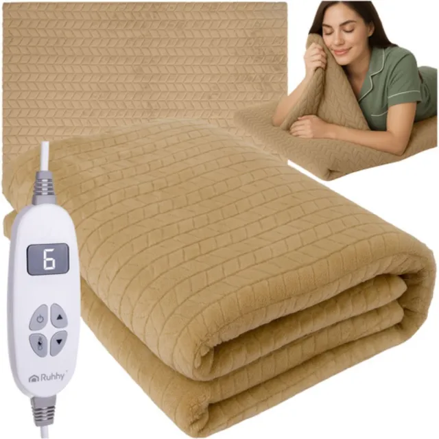 Ruhhy Elektrische deken 180x130 cm beige fleece met digitaal display timer en meerdere warmtestanden