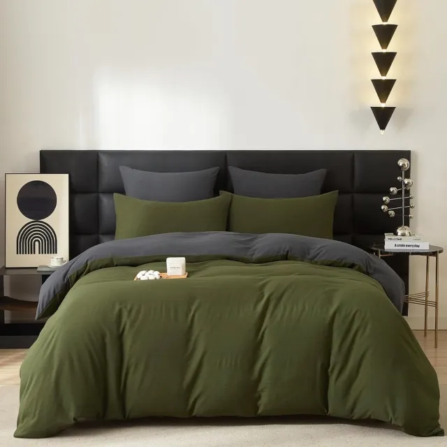 Famanu Katoenen beddengoedset 220 x 240 cm, 3-delig, ademend en zacht, omkeerbaar met ritssluiting, olijfgroen en grijs Neutraal