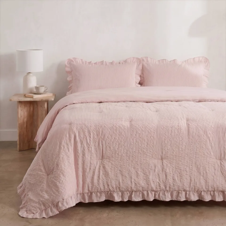 W seersucker dekbed zonder overtrek met kussensloop Lazy - ruffles roze, foto 3