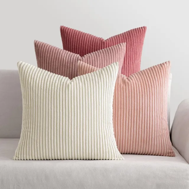 Famanu Set van 4 corduroy kussenhoezen, zachte decoratieve vierkante hoezen voor de lente, 40 x 40 cm, roze