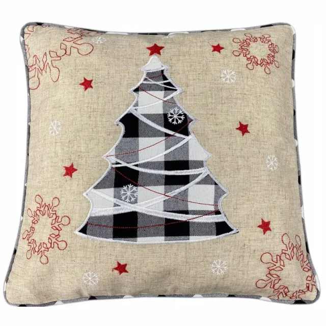 DeHome Kerst Kussenhoes 40x40 cm Linnen Geruit Kerstboom Natuurlijk linnen met wit/zwart accent