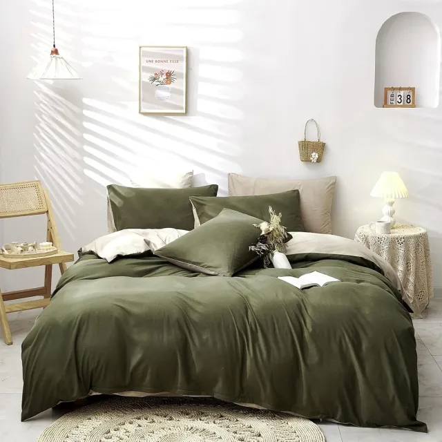 Famanu Groen beddengoed, 155 x 220 cm, olijfgroen, beige, effen dekbedovertrek, superzacht, microvezel, 2-delige dekbedovertrekset met verborgen ritssluiting en kussensloop 80 x 80 cm
