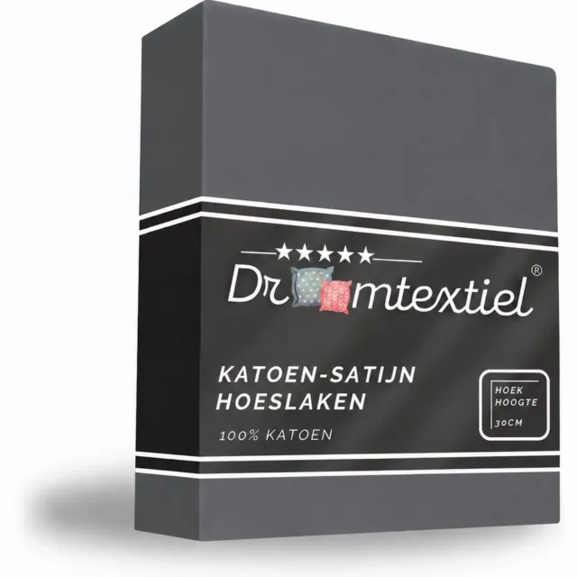 Droomtextiel Hoeslaken Katoen-Satijn - Antraciet - 160x200 cm - Hoogwaardige Kwaliteit - Super Zacht - Hoge Hoek