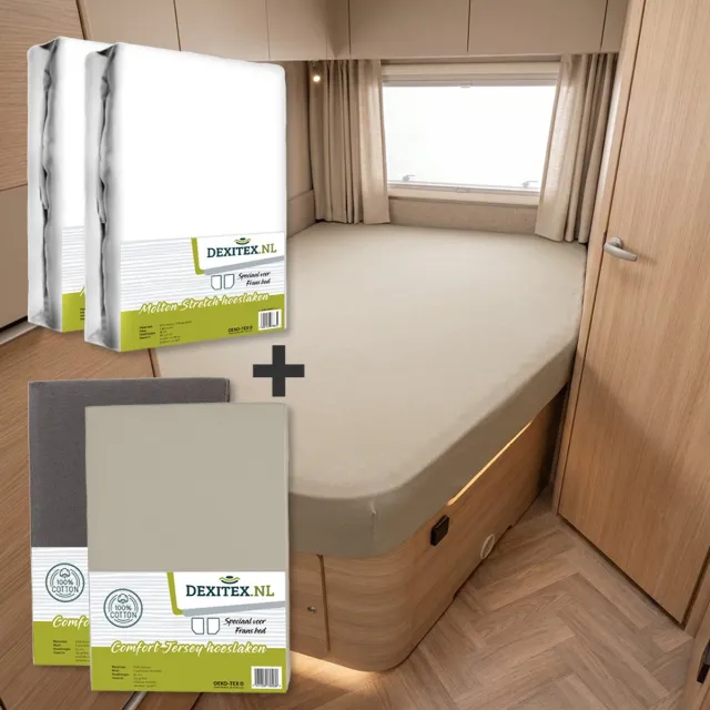 dexitex Textielpakket Frans bed/ 2 x Molton/ 2 x Hoeslakens 1 x Zandkleur + 1 x Antraciet /RECHTS geschikt voor Caravan en Camper 2 x molton + 2 x hoeslakens (zandkleur+antraciet)